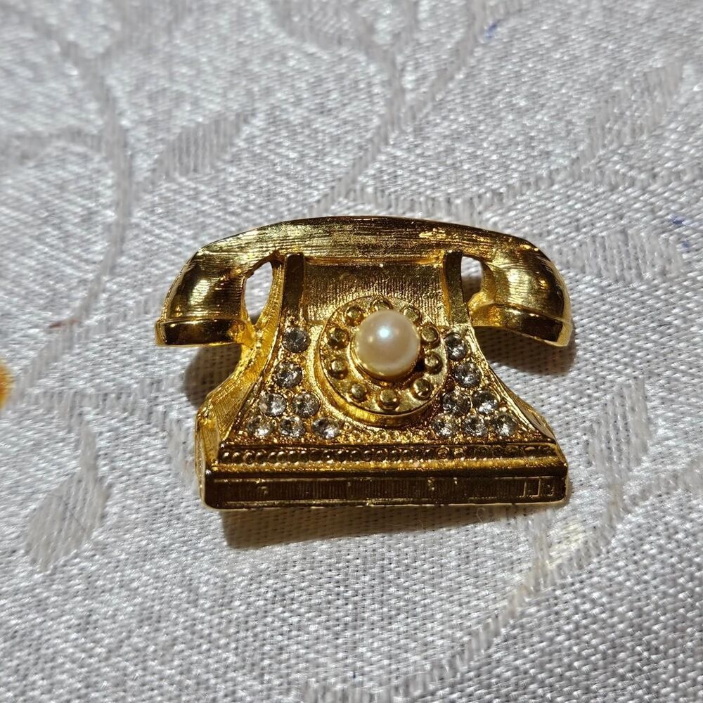 vintage rotary phone gold tone brooch